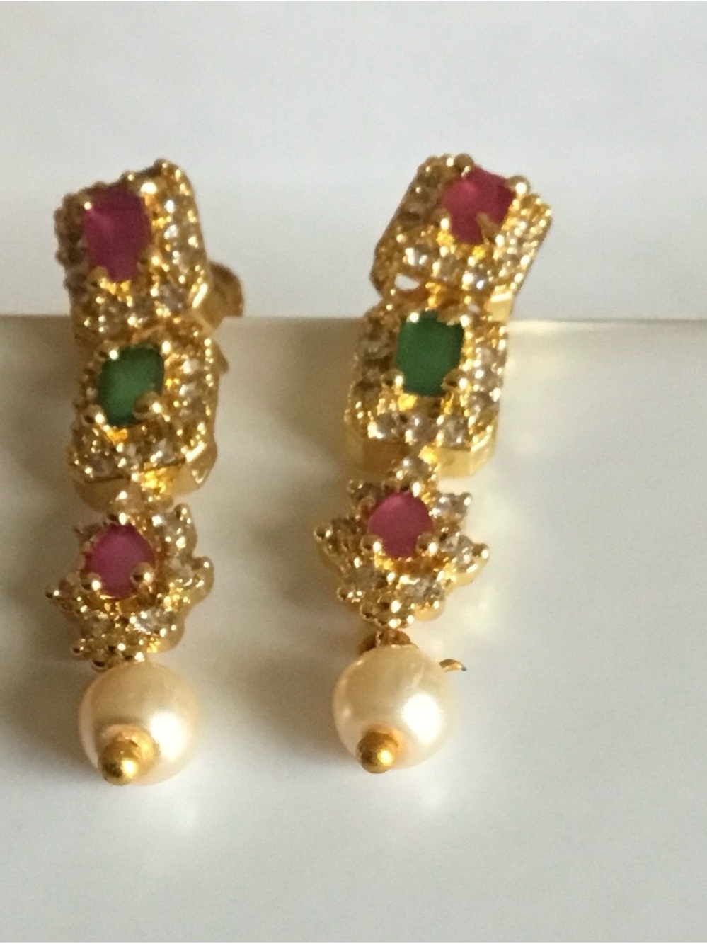 Gold-Tone Pink & Green Stone Pearl Drop Earrings - Women's Jewelry